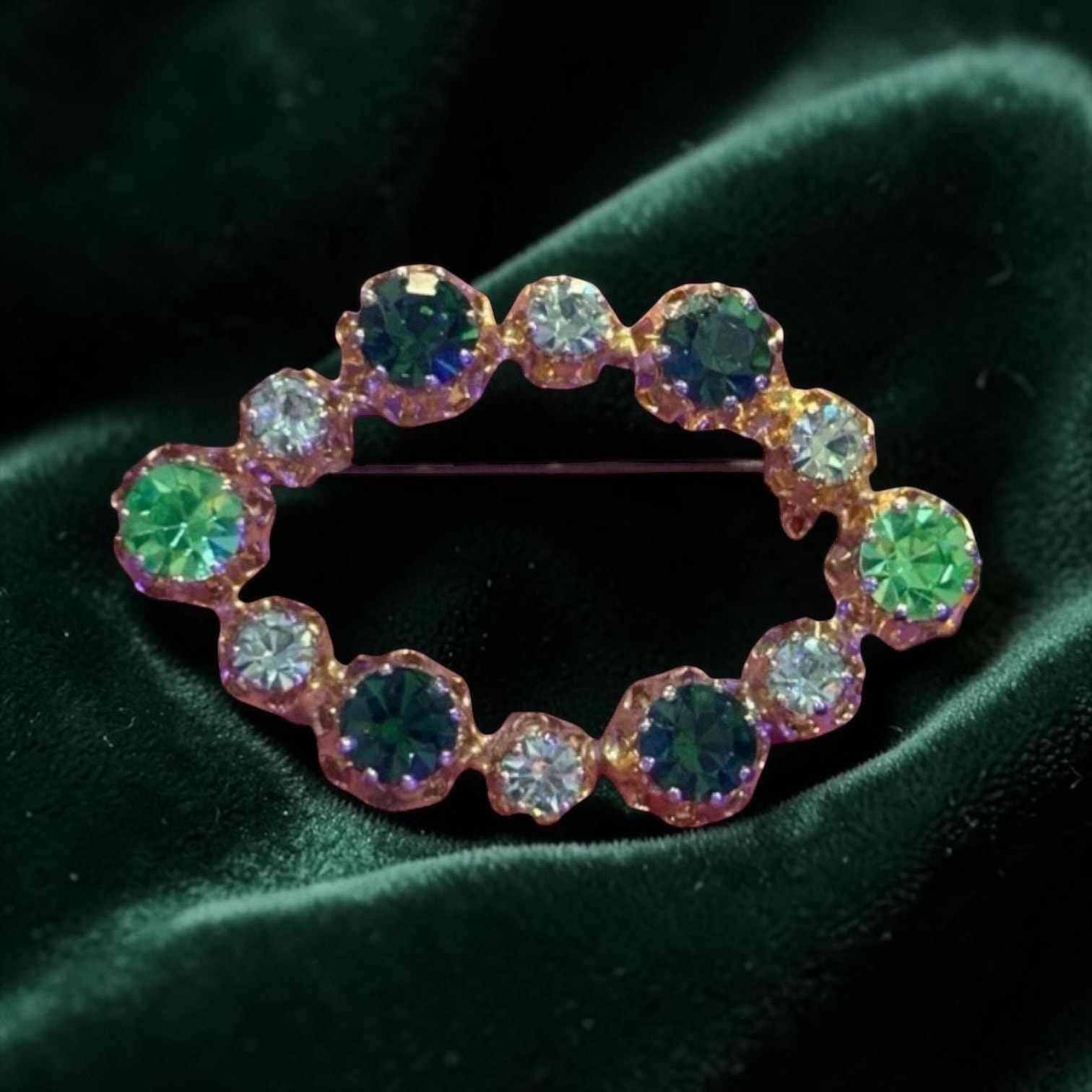 1950s Green Rhinestone Oval Brooch Gold Tone Atomic Era Sparkle Uranium Glass
